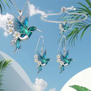 Fashion Hummingbird Daisy Pendant Necklace Earrings Bracelet Set Zinc Alloy Enamel Elegant Daily Jewelry Gift