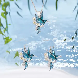 Exquisite hummingbird and daisy pendant necklace earrings jewelry set for daily wear.