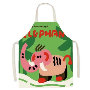 Cute cartoon elephant cotton linen apron, vibrant kitchen baking cooking sleeveless bib for home.