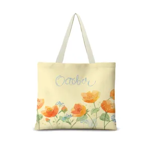 Sac cabas en toile à fleurs aquarelle avec impression octobre, sac etudiant fourre-tout quotidien.
