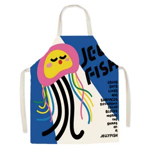 Cotton linen kitchen apron featuring a colorful cute jellyfish graphic print detail.