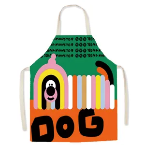 Vibrant colorful dog graphic detail on cotton linen kitchen apron, cute cartoon style.