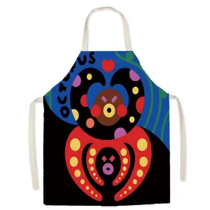 Cotton linen kitchen apron with colorful octopus graphic, anti-stain baking cooking bib for home