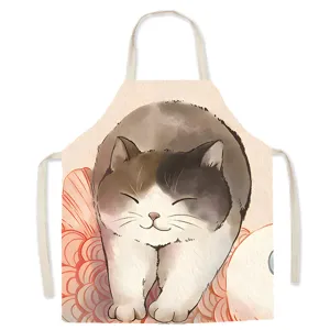 Grembiule da cucina senza maniche in cotone e lino con gatto dei cartoni animati per la casa.