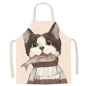 Grembiule da cucina senza maniche in cotone e lino con simpatico gatto per cottura e casa.