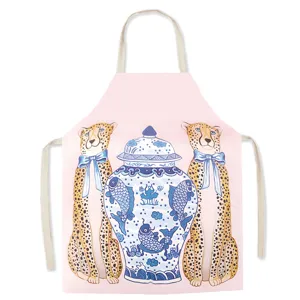 Vintage leopard print sleeveless kitchen apron with blue and white porcelain jar motif for cooking.