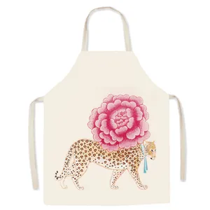 Vintage leopard and floral print kitchen apron, comfortable cotton blend, sleeveless design.