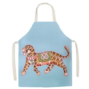 Vintage style tiger print kitchen apron, comfortable cotton cooking bib for baking use.