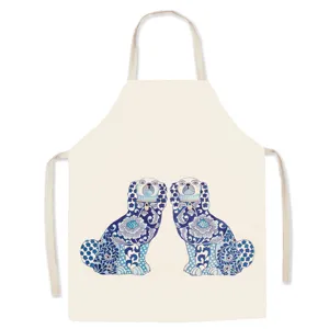 Blue and white porcelain style dog pattern kitchen apron, elegant retro baking cooking cover.