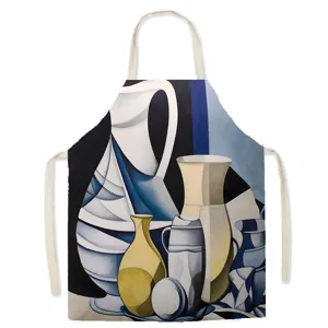 Abstract art print kitchen apron with beige and blue geometric vase design for cooking.