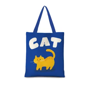 Vista dettagliata della borsa tote in tela con stampa gatto, borsa a tracolla blu.