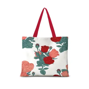 Stofftasche aus Segeltuch mit rotem Rosen Blumenmuster, modische Umhängetasche Detailansicht.