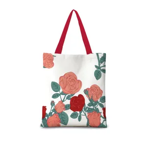 Leinwand Tragetasche mit retro Rosenblüten Druck, lässige Schulter Einkaufstasche für Damen.