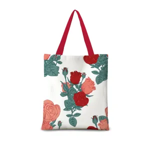 Rosenmuster Segeltuch Tasche Detailansicht, schöne stilvolle Blumen Schultertasche.