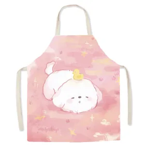 Cute cartoon puppy illustration detail on pink linen kitchen apron fabric close up view.