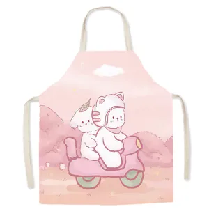 Cute cartoon dog print cotton linen apron, sweet pink kitchen cooking smock for home.