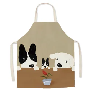 Abstract cute dog print cotton linen kitchen apron detail view, comfortable sleeveless design.