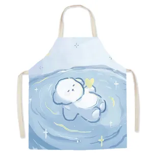 Cute watercolor dog graphic detail on linen kitchen apron, soft blue cartoon puppy style.
