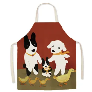 Cotton linen sleeveless kitchen apron featuring cute abstract dog and duck cartoon print design.