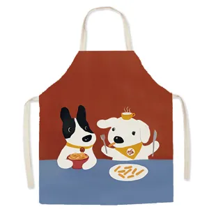 Cute cartoon dog pattern cotton linen kitchen apron detail showing funny cooking style.