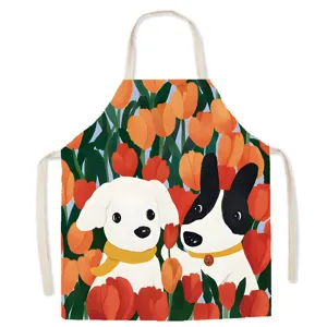 Cute dog tulip print cotton linen apron, perfect for kitchen cooking and baking use.