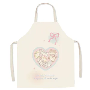 Detailed close-up view of cute cartoon rabbit cream ballet style kitchen apron fabric.