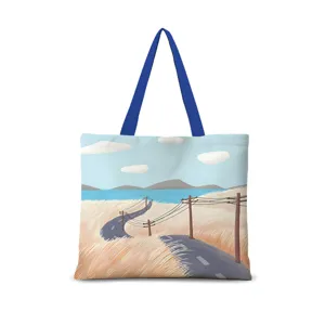 Sac cabas en toile avec imprimé paysage artistique, sac bandoulière décontracté quotidien.
