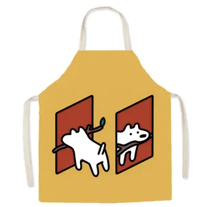 Detailansicht des süßen Cartoon-Hundedrucks auf dem Baumwoll-Leinen-Küchenschürzenstoff.