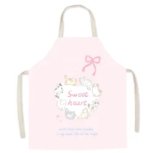Cute pink cat pattern kitchen apron detail, sweet style cotton linen sleeveless cooking bib.