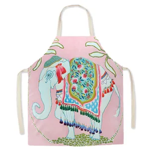 Pink elephant print kitchen apron detail, vintage animal style cooking baking bib for home.