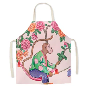 Vintage monkey pattern kitchen apron, sleeveless cotton linen cooking baking bib for home use.