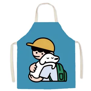 Nahaufnahme des niedlichen Cartoon-Jungen und Hundes auf der blauen Baumwoll-Leinen-Schürze.