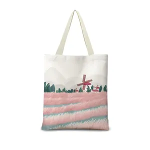 Sac cabas en toile imprimé paysager artistique, sac shopping épaule décontracté.