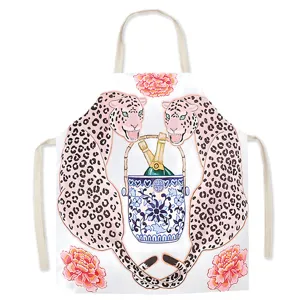 Vintage pink leopard canvas kitchen cooking apron with stylish floral porcelain print design