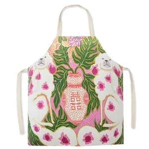 American retro style canvas kitchen apron with colorful cute dog art print, perfect for cooking baking.