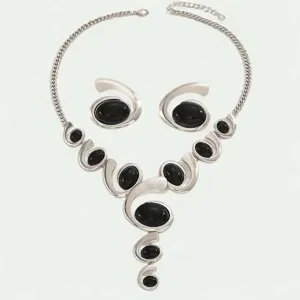 Vintage retro silver-tone metal oval spiral earrings and Y-shaped necklace jewelry set.