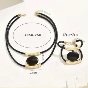 European and American multi-layer black necklace bracelet set with chic oval pendant.