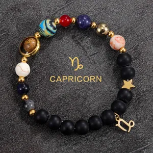 Natural stone solar system bracelet with Capricorn zodiac charm and colorful planet beads.