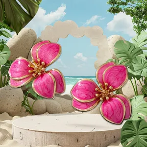 Stunning pink flower earrings with gold trim, unique retro design statement jewelry.
