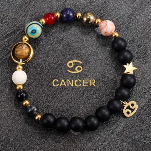 Cancer zodiac solar system natural stone beaded bracelet with planet charms and star pendant.