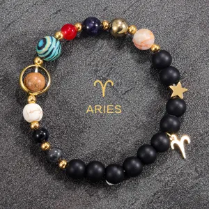 Natural stone solar system zodiac bracelet with star charm and beads for men and women.