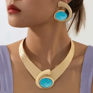 1 set retro exaggerated gold tone chunky necklace and turquoise acrylic earrings for women