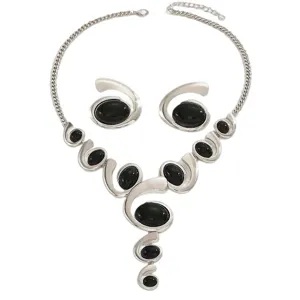 Vintage silver tone Y necklace and black oval stone stud earrings jewelry set for women