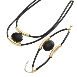 European and American multi-layer black cord necklace and bracelet set with oval pendant.