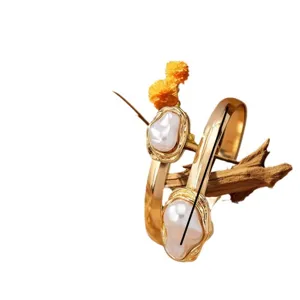 Gold metal baroque pearl bracelet ring set, vintage irregular jewelry style for women.