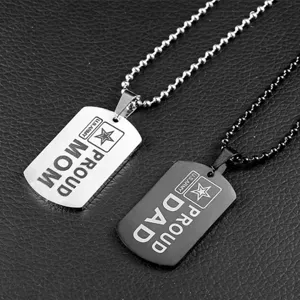 Custom engraved metal dog tag couple necklace featuring a classic military style pendant.
