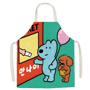 Cute cartoon cotton linen sleeveless apron, funny bear and dog print home kitchen cooking bib.