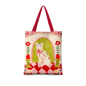 Sac cabas en toile à imprimé chat mignon, sac à main vintage esthétique pour les déplacements.