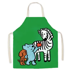 Cute cartoon animal print cotton linen kitchen apron, practical cooking anti-fouling smock.