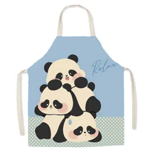 Cute panda print detail on blue fabric kitchen apron, soft fabric sleeveless cooking bib.